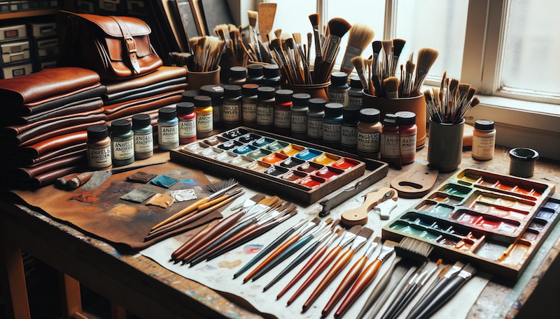 A photograph of an artist's workspace with an array of Angelus leather paints and brushes neatly arranged on a table